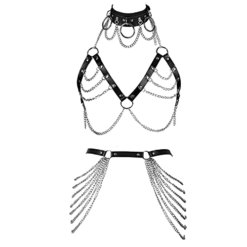JMMHSS Damen Leder Body Chain Harness BH Brustgurt Dessous Käfig Set Taillengürtel Punk Gothic (Schwarz) Cover