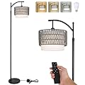 eyassi Floor Lamps for Living Room, Arc Standing Lamp with Remote & Dimmable Bulb, Boho Rattan Floor Lamp for Bedroom with 3 Color Temperatures, Farmhouse Tall Lamp, Height Adjustable Stand up Lamp