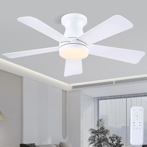 Image of 41 inchSmall Modern White Low Profile Ceiling Fans with Light and Remote | Flush Mount ,Super Large Airflow with 6 Wind Speeds, Reversible, Dimmable 3 CCT LED, 30W DC Motor,Suits for Bedroom Kidsroom