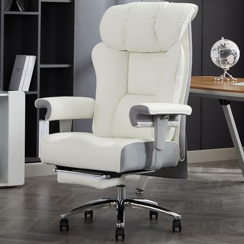 Image of Efomao Big and Tall Office Chair with Footrest, 450lbs High Back Executive Chair with Spring Cushion, PU Leather Upholstery, Padded Armrests, Swivel Base, and Rolling Wheels - White Computer Chair