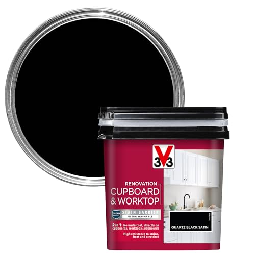 V33 Renovation Cupboard & Worktop Paint - No Undercoat Needed - High Resistance to Water Stains & Scratches - Ultra Washable - Quartz Black Satin 750ml