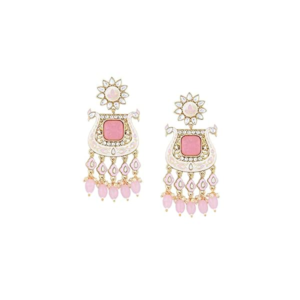 Zaveri Pearls Pink White Meenakari Peacock Inspired Kundan Dangle & Drop Earrings For Women-ZPFK15646