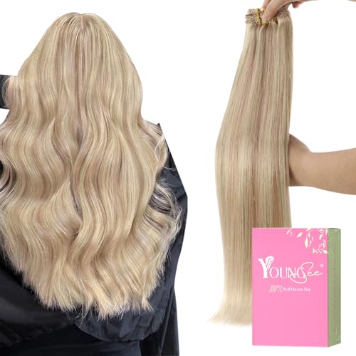 YoungSee Clip in Extensions Echthaar Blond Echthaar Extensions Clip Aschblond und Warmblond Remy Clips Haarextension Blond Clips Haarverlängerung Echt Haare Glatt für Damen 30 cm 80g 18/613