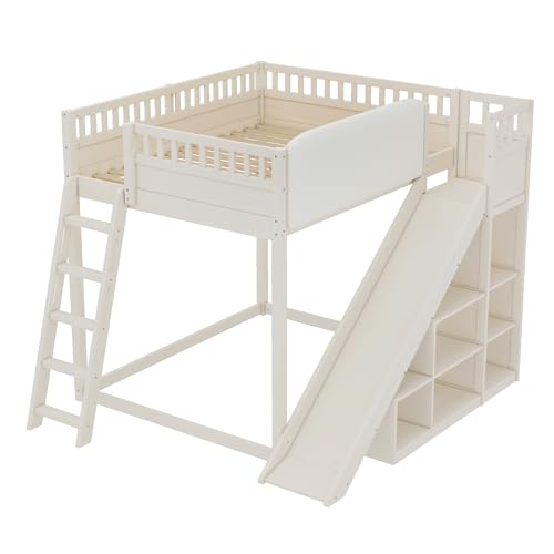 Image of Bellemave Bunk beds Full Over Full with Slide and Stair and upholstered headboard, Low bunk /loft Bed for Kids，Beige