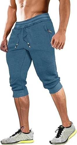 MAGCOMSEN Mens Athletic Running Sweatpants 3/4 Knee Length Capris Cotton Stretch Joggers with Zipper Pockets Blue 36