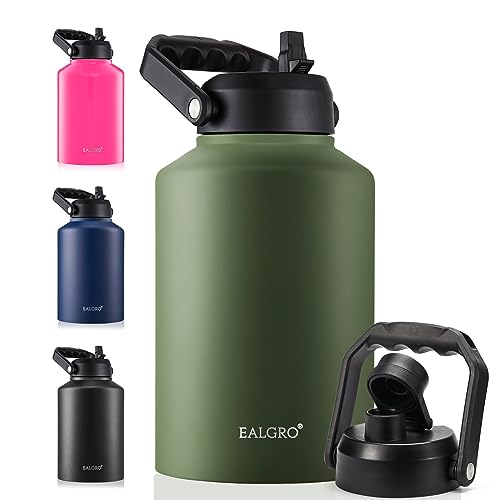 Gallon Insulated Water Bottle Jug with Straw, 128 oz Large Stainless Steel Sports Metal Water Canteen With Handle, Thermal Water Cup Mug with 2 Lids, Army Green