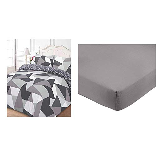 Dreamscene Shapes Duvet Cover with Pillow Case Bedding Set, Polyester-Cotton, Black, Double & Amazon Basics Microfibre Fitted Sheet, Double, Dark Grey