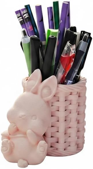 Pink Rabbit Pen Holder - Woven Texture Bunny Pencil Cup, Cute Desk Organizer for Office & School Supplies, Perfect Teacher & Student Gift (4”H x 3”W)