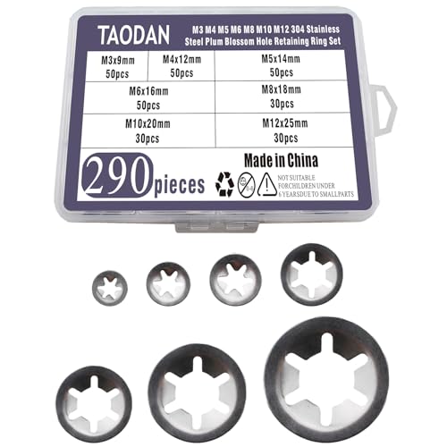 TAODAN 290PCS 304 Stainless Steel Plum Blossom Hole Retaining Ring Set M3 M4 M5 M6 M8 M10 M12 for Mechanical Equipment Industrial Production Vibration Damping Bearings Mechanical