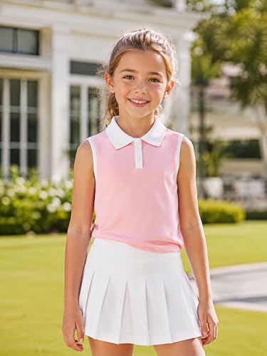 Image of Girls Sleeveless Polo Shirts Contrast Collar Tennis Golf Tank Tops Quick Dry Breathable Athletic Shirts