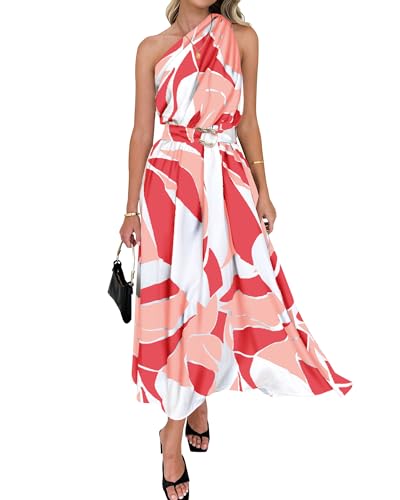 BTFBM Women's Casual Dresses Boho Sundresses One Shoulder Sleeveless Print Tie Waist Maxi A-Line Cruise Vacation Dress(Print Pink, XX-Large)