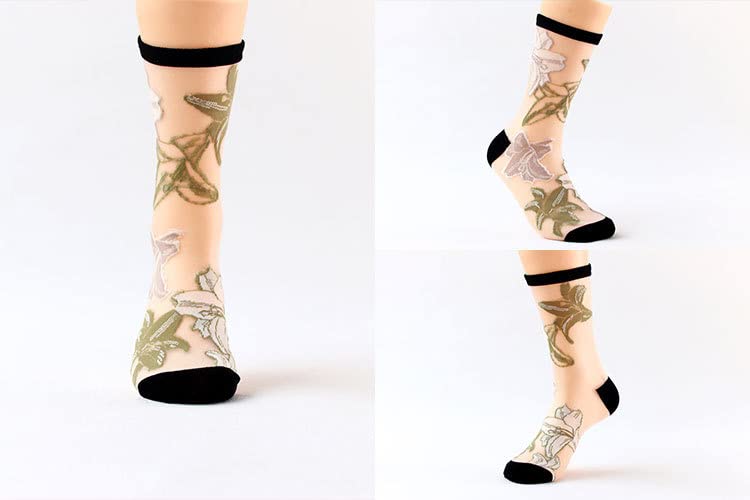 Image of 7 Pairs Women Floral Sheer Sock Elastic See Through Socks Summer Thin Mesh Lace Jacquard Socks Cottagecore Accessories