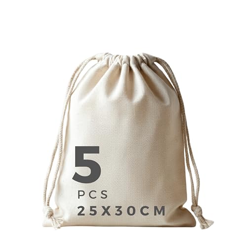 POLHIM Bolsa de Tela 100% Algodón, 25 x 30 cm: Con Cordón Para Pintar, de Yute Sin Imprimir, Pequeña Para Almacenamiento de Frutas, Verduras, Ideal Para Manualidades y Regalos