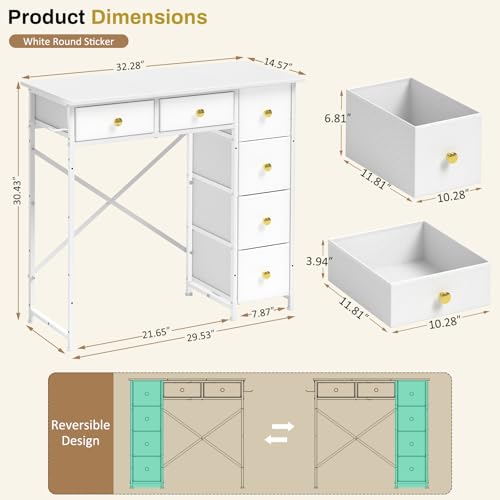 3IngSeagulls Small Computer Desk with 6 Drawers, 32 Inches Work Table for Home Office, Writing Desk with Storage, Compact Study Desk for Small Spaces, Kids Study Desk for Bedroom, White - Thumbnail 2
