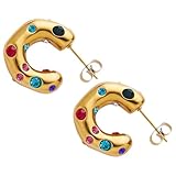 WESIEVYA Pendientes para Mujer Aro Pequeños de Acero Inoxidable Circonitas de Colores, Diseño Vintage C Abierto, Joyería de Moda Ligera y Resistente para Uso Diario