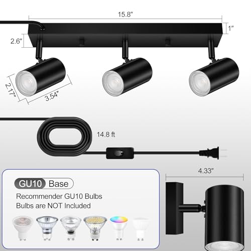 BoostArea LED Track Lighting Ceiling Fixtures, Black 3-Light Plug in Track Lights for Kitchen, 3 Way Ceiling Spotlight, 15 FT Cord,Flexibly Rotatable Wall Mount Light Head for Bedroom Hallway - Thumbnail 4