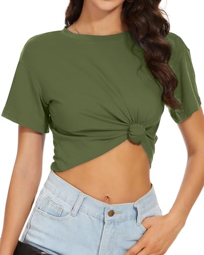 Image of Womens Summer Crop Tops Short Sleeve Round Neck T-Shirts Loose Fit Casual Blouse 2026