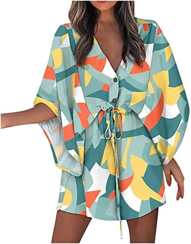 Boho Dresses for Women,2023 Summer Casual Trendy Loose Batwing Sleeve Button Down V Neck Drawstring Belt Mini Dress,Elegant Floral Flowy Hem Beach Dress Hawaiian Wear(C-Blue,2XL)