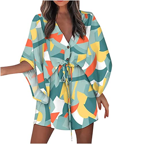 Boho Dresses For Women,2023 Summer Casual Trendy Loose Batwing Sleeve Button Down V Neck Drawstring Belt Mini Dress,Elegant Floral Flowy Hem Beach Dress Hawaiian Wear(C-Blue,2Xl) #TOP1