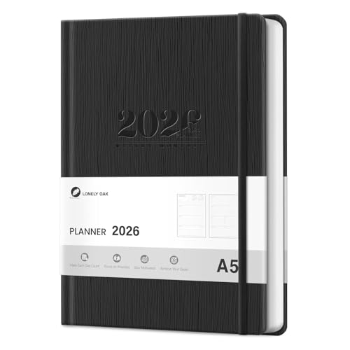 2026 Diary A5 Week to View, Weekly and Monthly Planners, Faux Leather Daily Calendar 2026 Planner, 12 Month Agenda from Jan. to Dec., Hardcover Habit Tracker Journal (Black)