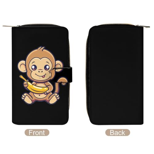 Cute Monkey Holding A Banana Leather Wallets for Men Women Zipped Clutch Purse Travel Handbag Card Case Wallet3