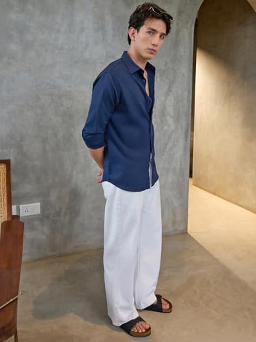 Image of Bewakoof Mens Solid Regular Fit Full Sleeve Collar Cotton Linen Blend Shirt