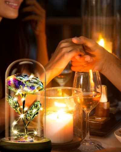 Alljia Valentines Gifts to Her, Rose in Glass Dome with Led Fairy Lights Forever Galaxy Rose Gift for Mom Girlfriend Wife Valentine Decorations(Batteries Included)
