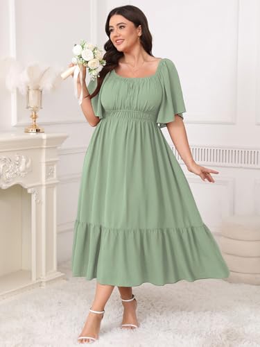 Image of CICIDUDU Plus Size Smocked Maxi Dresses for Curvy Women Square Neck Flowy Casual Summer Wedding Guest Dress
