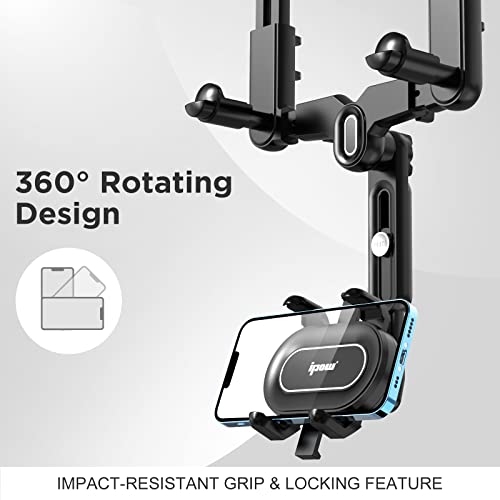 IPOW Large Rearview Mirror Phone Holder for Car 360°Rotatable and Retractable, 2023 Upgraded Four Corners Fixed Anti-Shake Multifunctional Design for Car Rearview Mirror with Button - Thumbnail 5