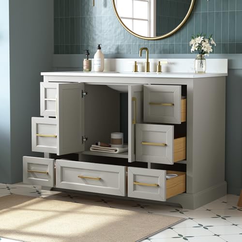 DELUXE LIVING 48 Inch Bathroom Vanity with Sink Combo, Solid Wood Frame with Stone Top & Backspalsh, Fully-Assembled with Soft-Closing Doors & 7 Drawers, Greige by DELUXE LIVING - Image 9