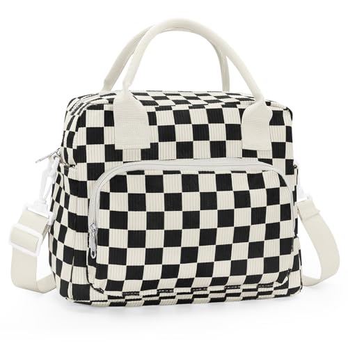 CarryEpic Lunch Bag for Women & Men, Insulated Lunch Box with Shoulder Strap Reusable Large Leakproof Lunch Tote Purse, Portable Thermal Cooler Bag for Work Picnic, Corduroy Black Checkered Pattern