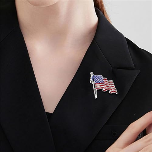 Image of Rhinestone Waving USA Flag Brooch Pin for Men Women Silver Tone Fashion Crystal 4th of July American Patriotic Medal Blue Red Enamel Brooches Dress Accessories Veterans Independence Memorial Day Jewelry