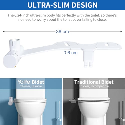 Yolife Bidet, Ultra-Slim Bidet-Aufsatz für Toilette mit Nicht Elektrischer Selbstreinigender Doppeldüse (Hintere/Weibliche Reinigung), Einstellbarer Wasserdruck(Mit 2m Schlauch)