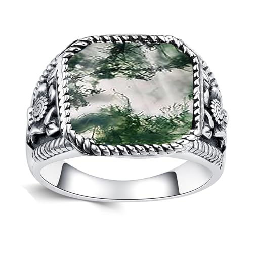 LELOUCHY 10mm Square Cut Natural Moss Agate Vintage Band Men