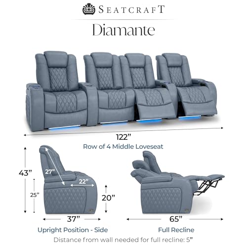 Image of Seatcraft Diamante Smokey Blue Italian Leather Home Theater Seating, Zero Gravity Power Recliner, Gaming and Home Office Chair, Powered Headrest Furniture for Cinema Room, Row of 4 Middle Loveseats
