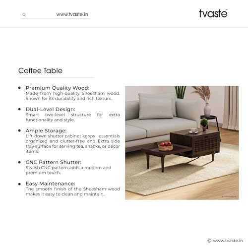 Image of KOVA Solid Sheesham Wood Coffee Table & Centre Table for Living Room with Lift-Down Shutter Storage and Open Side Tray (Dotted, Walnut Finish)