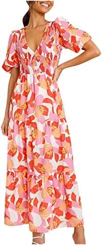 Women's Summer Dresses Casual Short Sleeve V Neck Ruffle Floral Boho Dress High Waist Tiered Flowy Beach Midi Dress,Casual Dresses for Women