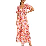 Women's Summer Dresses Casual Short Sleeve V Neck Ruffle Floral Boho Dress High Waist Tiered Flowy B