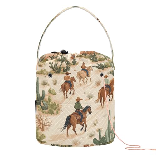 Image of ElliTarr Crochet Bag Yarn Bag with Handle Portable Knitting Project Bag Travel Yarn Storage Organizer Holder Case Cowboys Horses Cactus Desert Beige