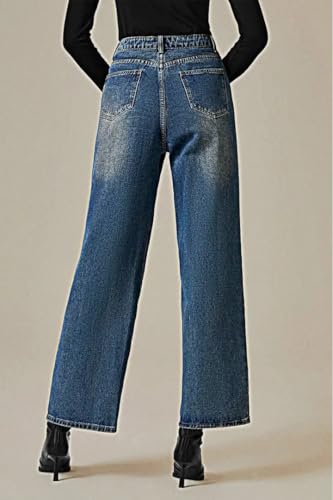 Huang's Women's High-Rise Wide Leg Jeans with Side Stripe, Medium Wash Denim, Black Stripe Detail4