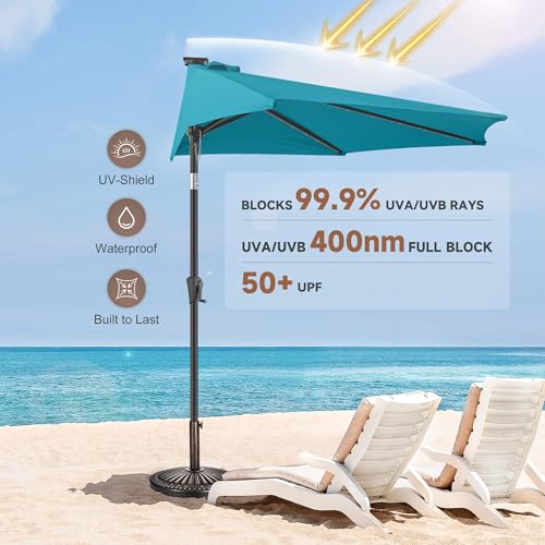 FLAME&SHADE 9 FT Solar Half Patio Umbrella with 25 LED Lights, Half Outdoor Umbrella with Button Tilt, Half Round Table Umbrella For Deck, Backyard, Balconies, Decks, Rvs, UV Protection (Aqua Blue) by FLAME&SHADE - Used condition - Image 6