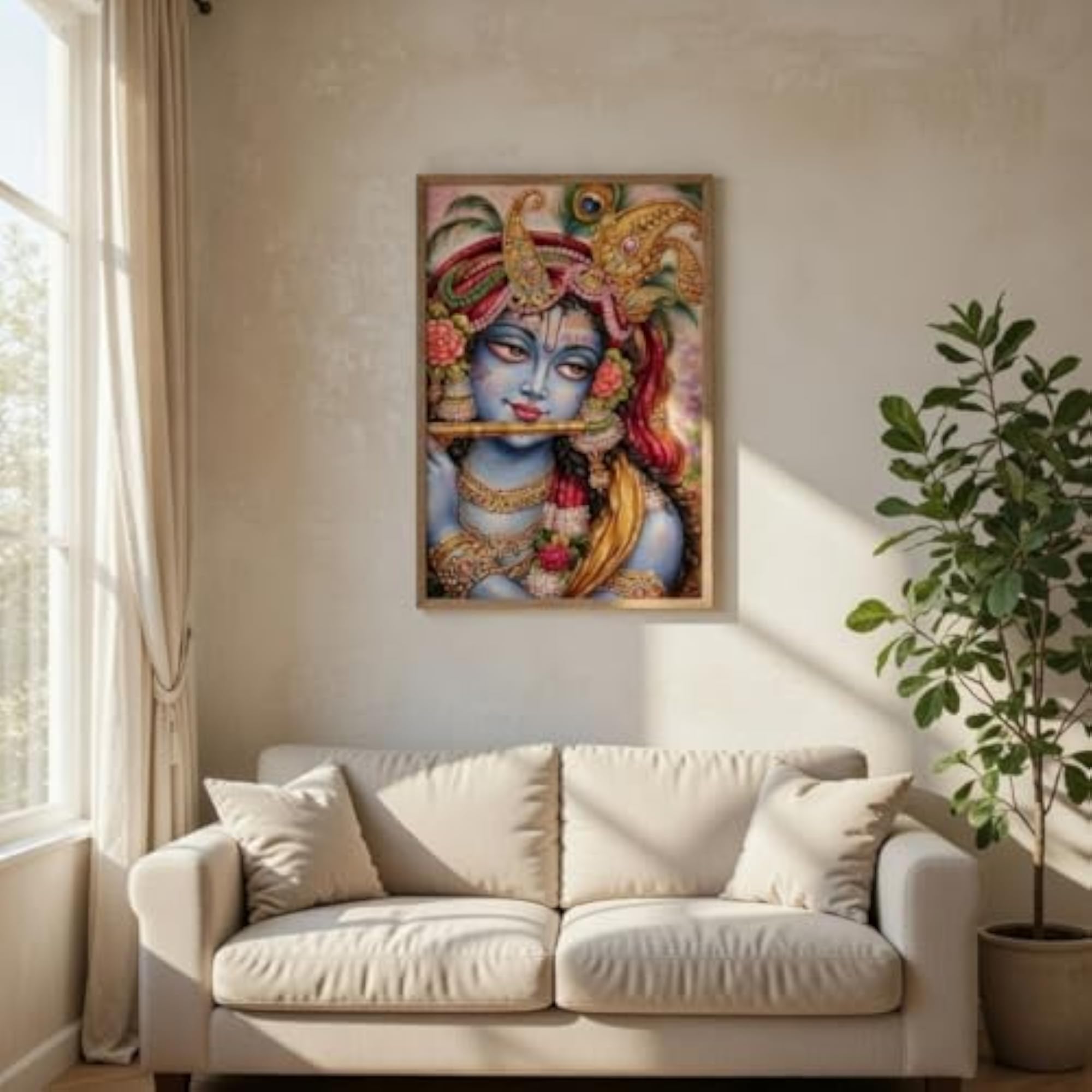 Lord Krishna Flute Wall Art with Wooden Frame