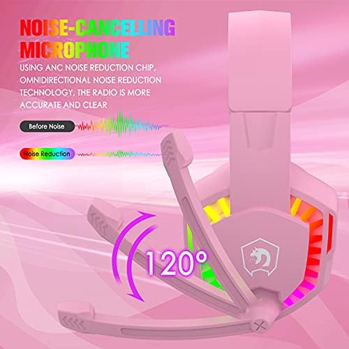 AJAZZ PC Headset, Gaming Headphones with Mic, Usb Gaming Headset Ps4, Backlit LED Headset 3D Surround Sound Noise Canceling Mic, RGB Wired Deep Bass Headset, for PS5, Laptop, Nintendo Switch (Pink)
