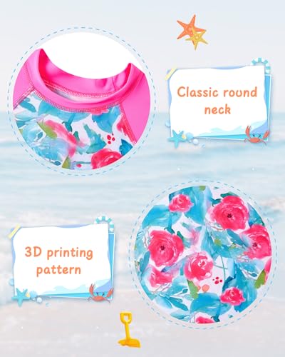 Image of UNIFACO Toddler Girls Long Sleeve Rashguard Swimsuit Set Two Piece Flower Beach Bikinki Swimwear Bathing Suits with UPF 50+ for Summer Swimming Surf