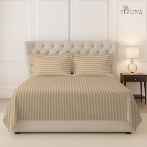 Image of Pizuna 100% Cotton Bedsheet Super King Size with 2 Pillow Covers, 300 Thread Count Long Staple Cotton, Stripes Pattern Flat Bed Sheet 108X108 Inch for Superking Bed, Taupe