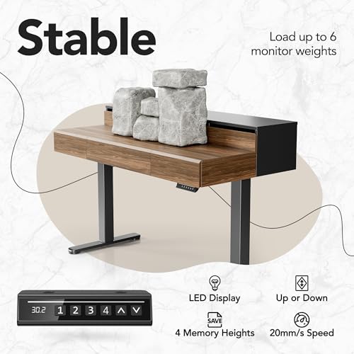 Image of HUANUO Standing Desk with Drawers, 48 Inches Electric Height Adjustable Desk with Storage, Whole-Piece Board Sit Stand Up Desk with Monitor Shelf, Black Walnut