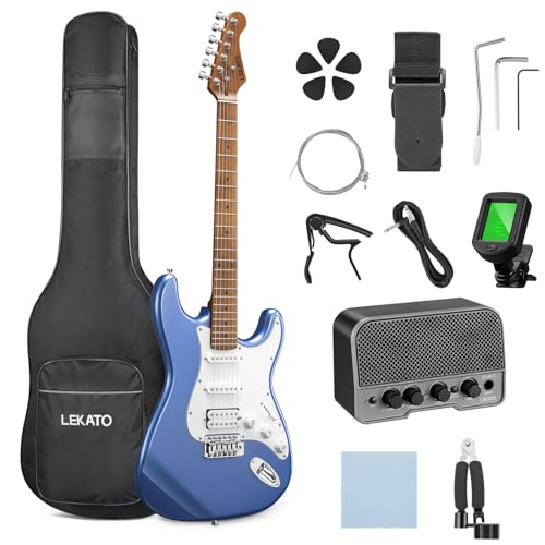 Image of LEKATO Electric Guitar Kit Beginner 39 Inch Full Size Solid Body Guitar HSS for Starter Roasted Maple Neck Fretboard Stainless Steel Frets, 5W Mini Amp, Bag, Tuner, Capo, Strap, String, Picks- Blue