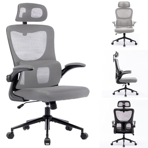BAKAJI Sedia da Ufficio in Tessuto Ergonomica con Schienale Supporto Lombare e Poggiatesta, Poltrona da Scrivania Girevole Altezza Regolabile Rivestimento Antisudore Traspirante (Grigio con Base Nera)