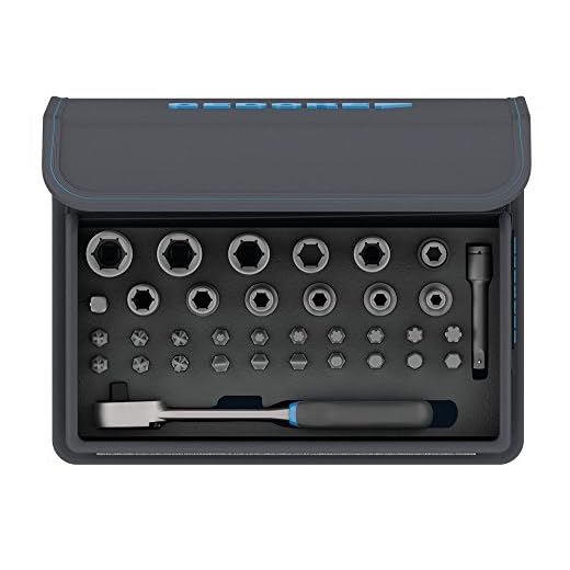 GEDORE TC 666-MU-20 / 35-teiliger Bit-Steckschlüssel-Satz mit Knarre 1/4" in Textiltasche mit Tragegriff / Hebelumschaltknarre / Verlängerung / Kardanverlängerung / Kraftschraubereinsätze / Adapter