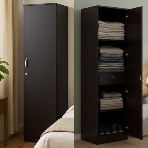 Image of AAVATAR Single Door Wooden Cupboard for Home | Wenge Finish Engineered Wood Almirah with Lock & Handle | Storage Shelves & Drawer | Size 72x16x16 Inch